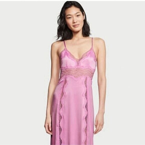 Victoria’s Secret Pink Satin Lace Slip Dress Nightgown Small Maxi Lingerie 🌸 - Picture 2 of 14